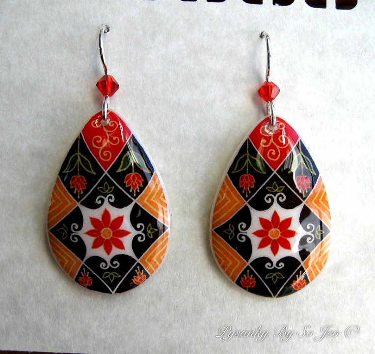 Black & Orange Teardrop Fall Florals Earrings Pysanky Jewelry by So Jeo